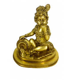 Brass Krishna Sitting W Pot on Carved Base 8 Inch Ht.  3.470 Kg