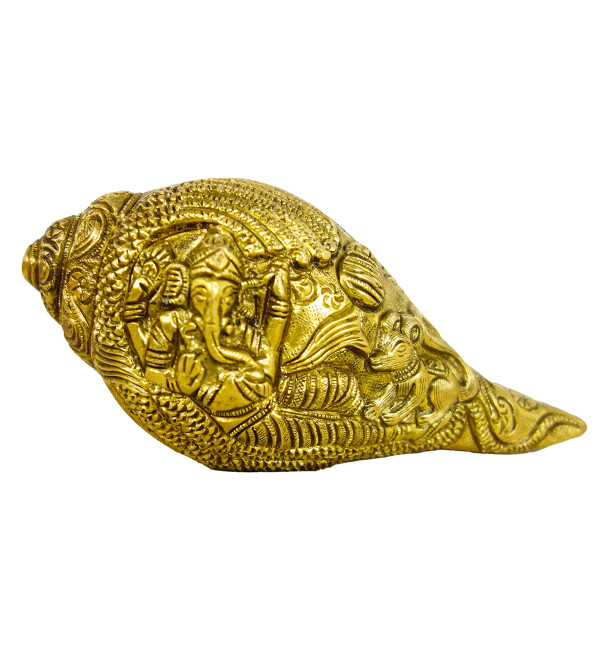 Brass Shankh W/ Ganesh on Throne Super Fine 9 Inch  Wt-1.980 Kg
