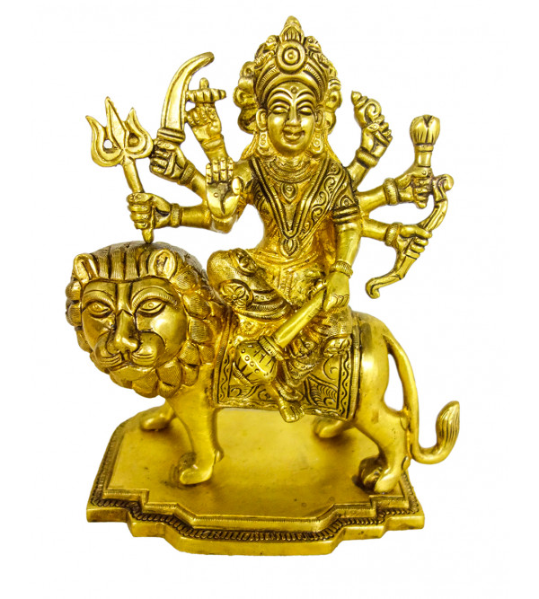 Brass Durga Sitting on Lion W/ Sq Base Super Fine 7.5 in  Wt-2.590 Kg