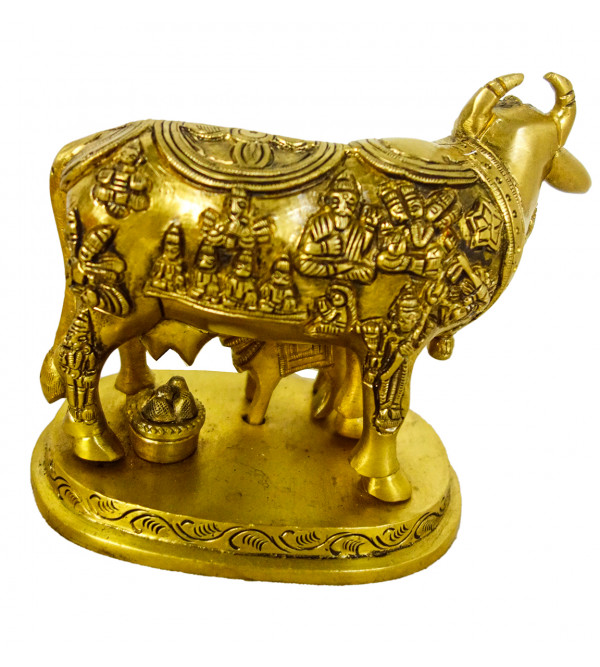 Brass Cow W/ Calf Richly Carved on Sq Base Super Fine 