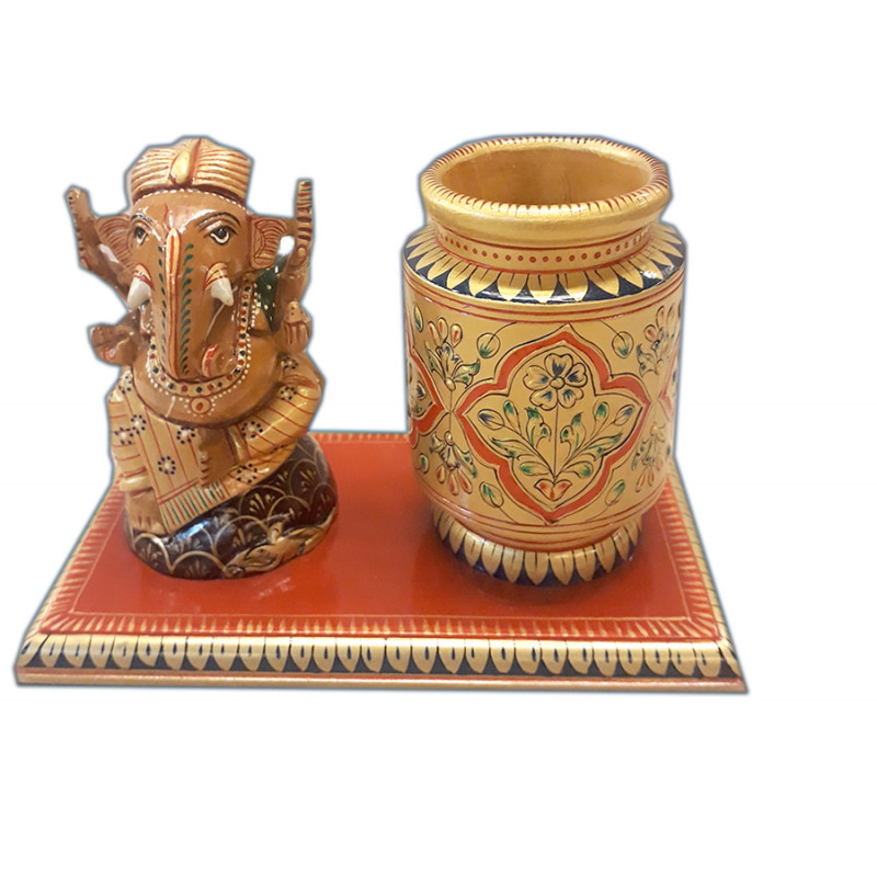 PEN STAND WITH DECORATIVE ITEM CARVED KADAM WOOD 5 X 7 INCH