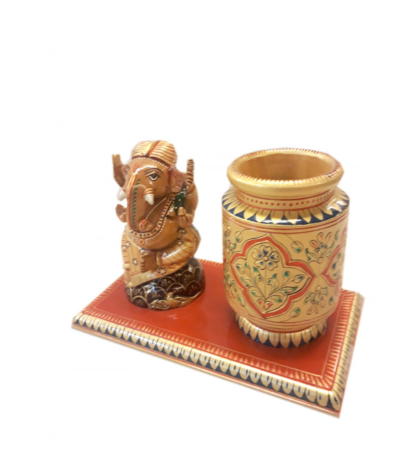 PEN STAND WITH DECORATIVE ITEM CARVED KADAM WOOD 5 X 7 INCH