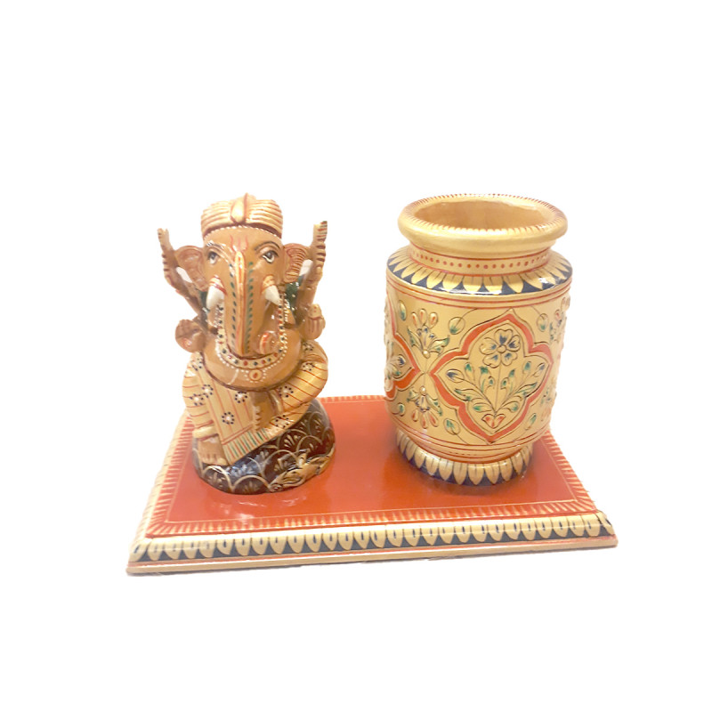 PEN STAND WITH DECORATIVE ITEM CARVED KADAM WOOD 5 X 7 INCH