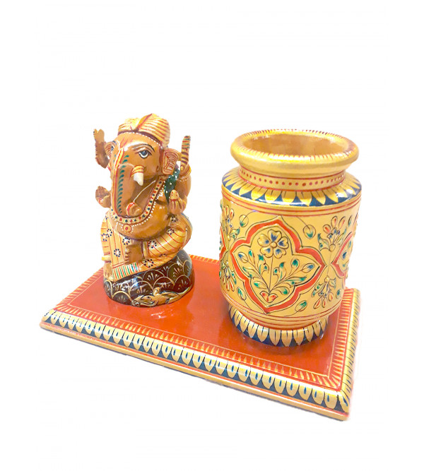 PEN STAND WITH DECORATIVE ITEM CARVED KADAM WOOD 5 X 7 INCH