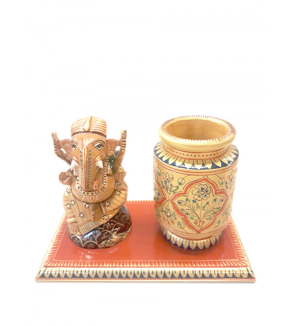 PEN STAND WITH DECORATIVE ITEM CARVED KADAM WOOD 5 X 7 INCH