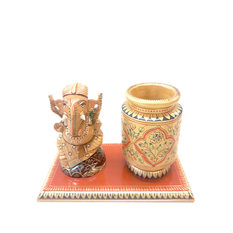 PEN STAND WITH DECORATIVE ITEM CARVED KADAM WOOD 5 X 7 INCH