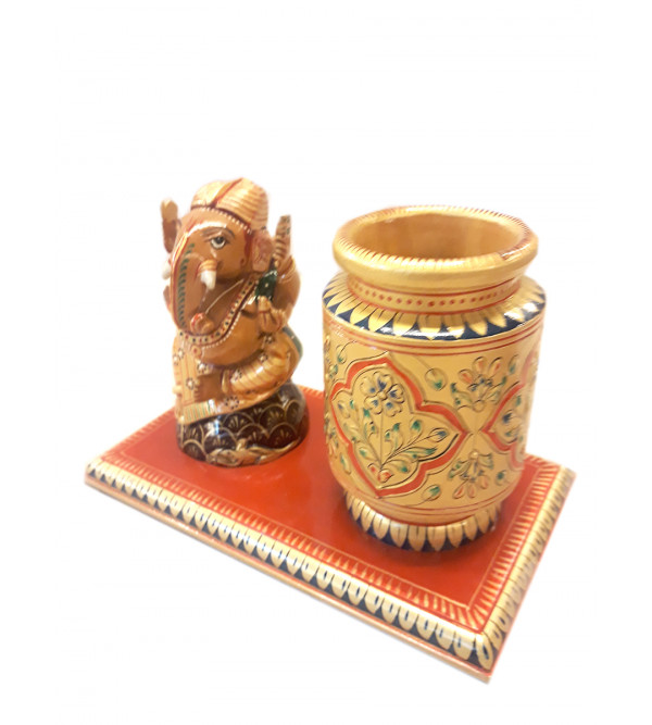 PEN STAND WITH DECORATIVE ITEM CARVED KADAM WOOD 5 X 7 INCH