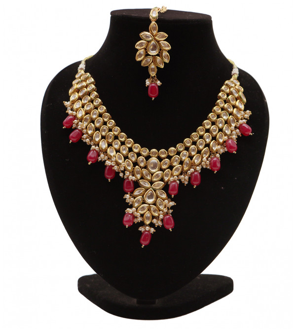 Kundan Necklace Set With Tikka Red Onyx And Pearl