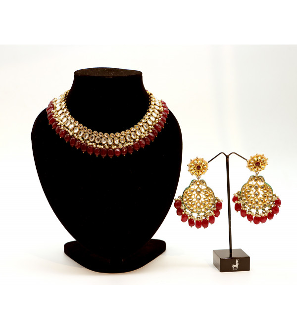 Kundan Necklace Set with Red Onyx and  Pearl 