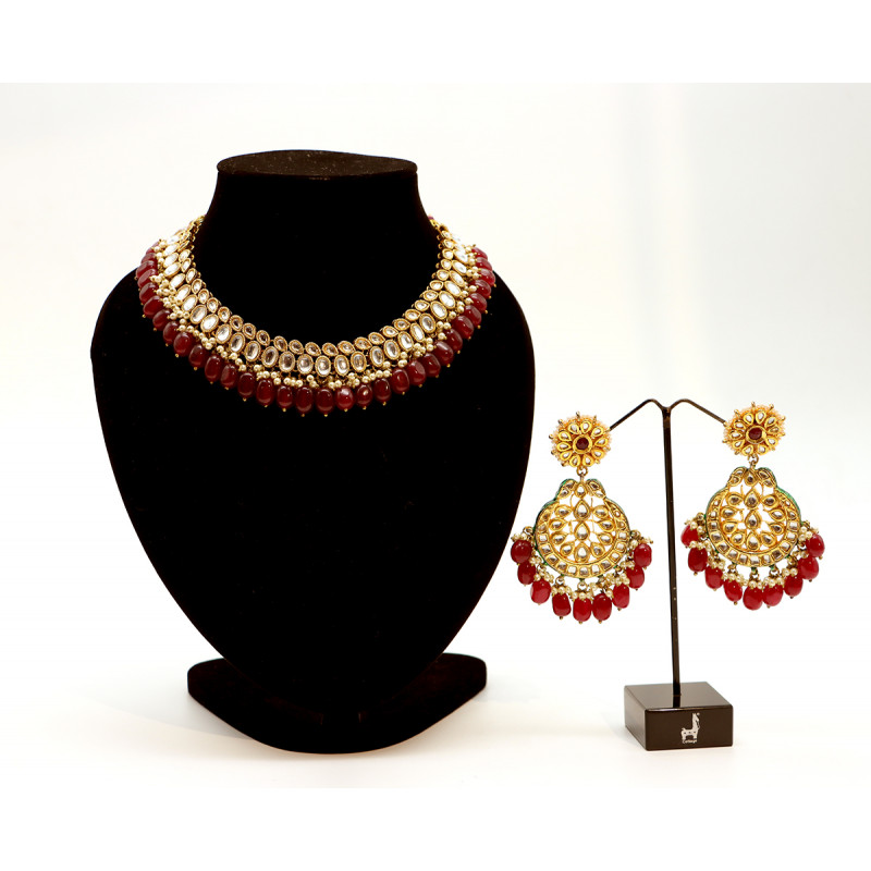 Kundan Necklace Set with Red Onyx and  Pearl 