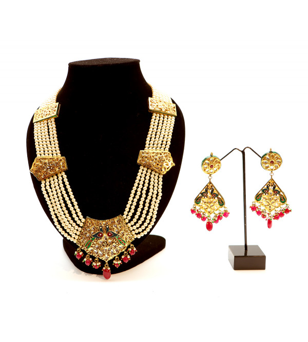 Kundan Long Necklace Set with Red Onyx Pearl and Meenakari 