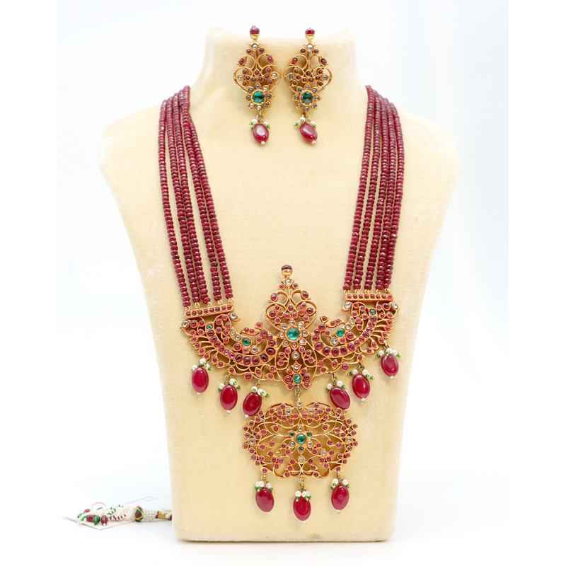 Kundan Long Necklace Set with Red Onyx and  Pearl 