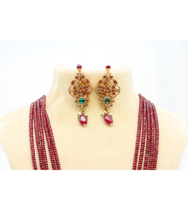 Kundan Long Necklace Set with Red Onyx and  Pearl 