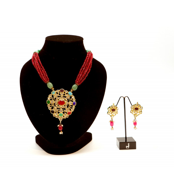 Kundan Long Necklace Set with Navrattan Stones 