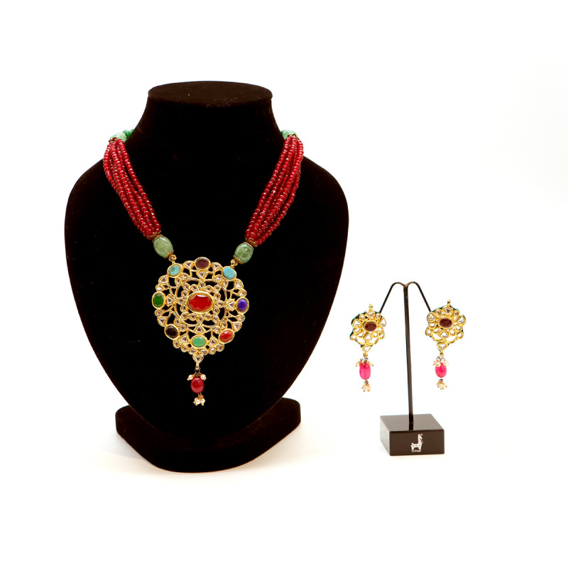 Kundan Long Necklace Set with Navrattan Stones 