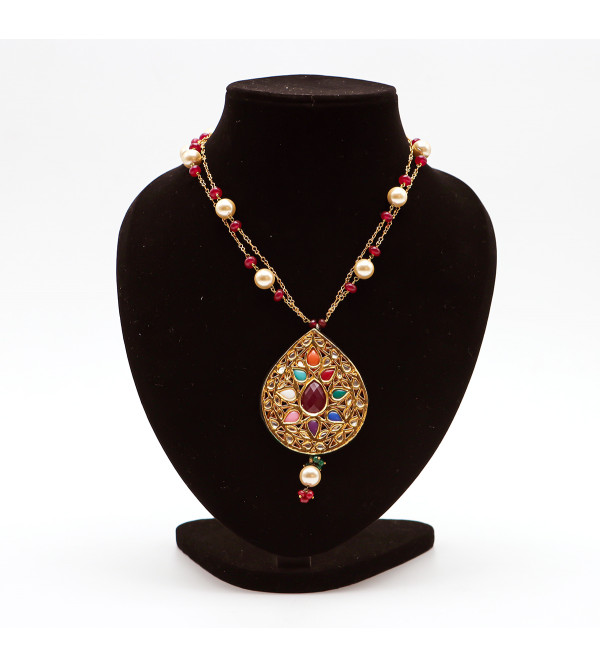 Kundan Long Necklace Set with Navrattan Stones and Pearl 