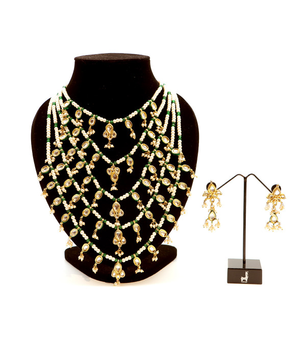 Kundan Long Multi Line Necklace Set with Green Onyx and  Pearl 