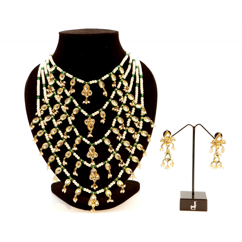 Kundan Long Multi Line Necklace Set with Green Onyx and  Pearl 