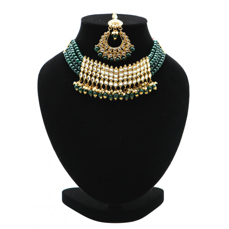 Kundan Necklace Set with Tikka Redgreen Onyx and  Pearl 