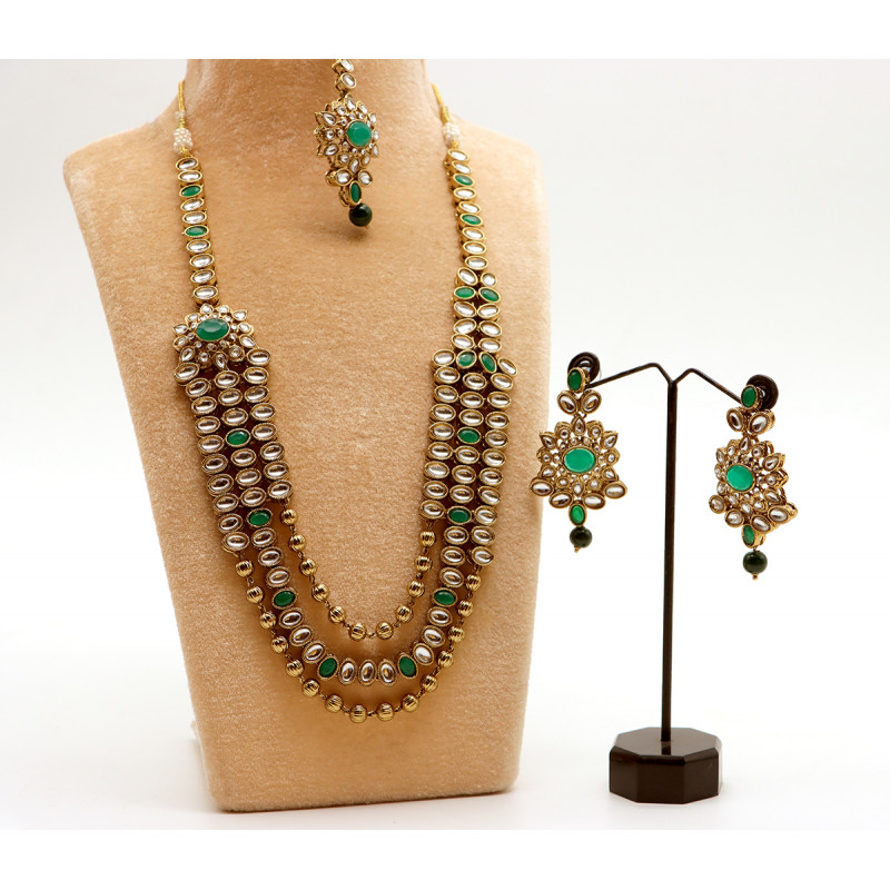 Kundan Long Necklace Set with Tikka and  Green Onyx 