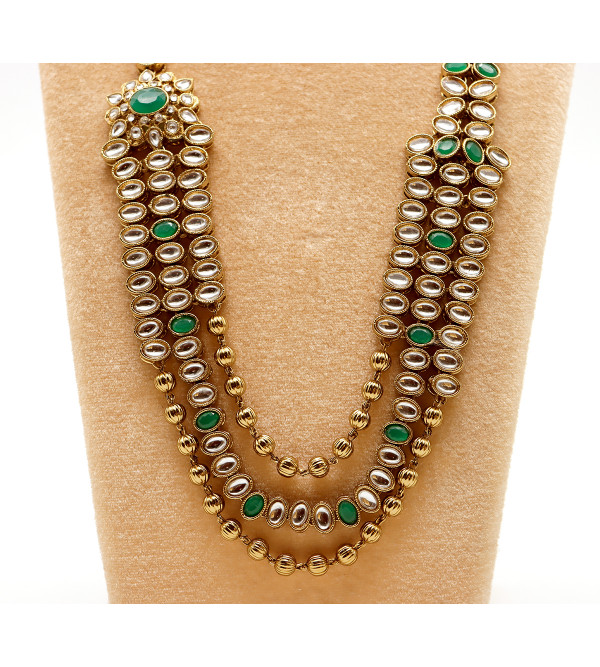 Kundan Long Necklace Set with Tikka and  Green Onyx 