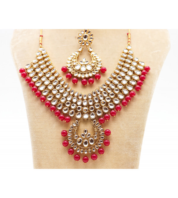 Kundan Necklace Set with Tikka and  Red Onyx 