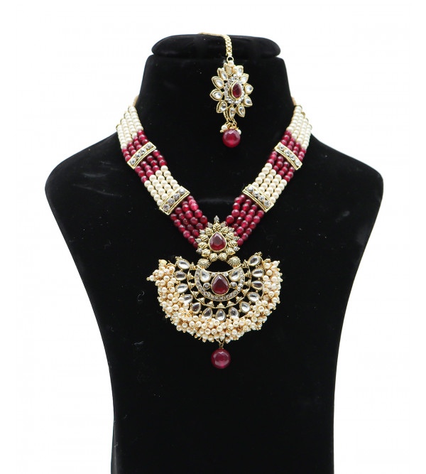 Kundan Necklace Set with Tikka Red Onyx and  Pearl 