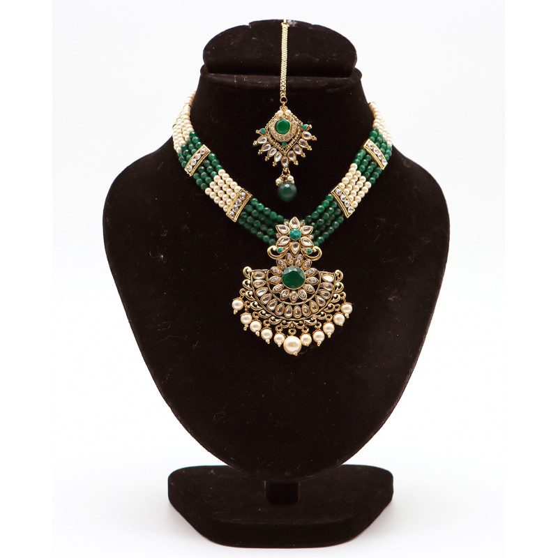 Kundan Necklace Set with Tikka Green Onyx and  Pearl 