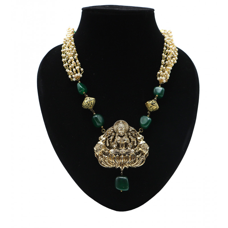 Metal Temple Necklace Set With Green Onyx And  Pearl