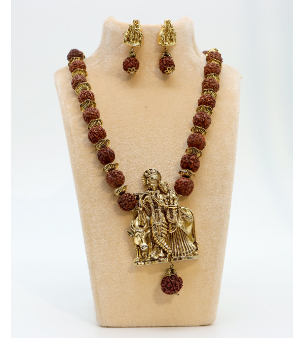 Metal Temple Long Necklace Set With Rudraksha