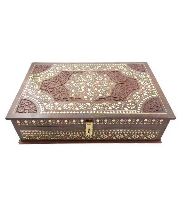 Sheesham Wood Handcrafted Carved Brass- Copper Inlay Box