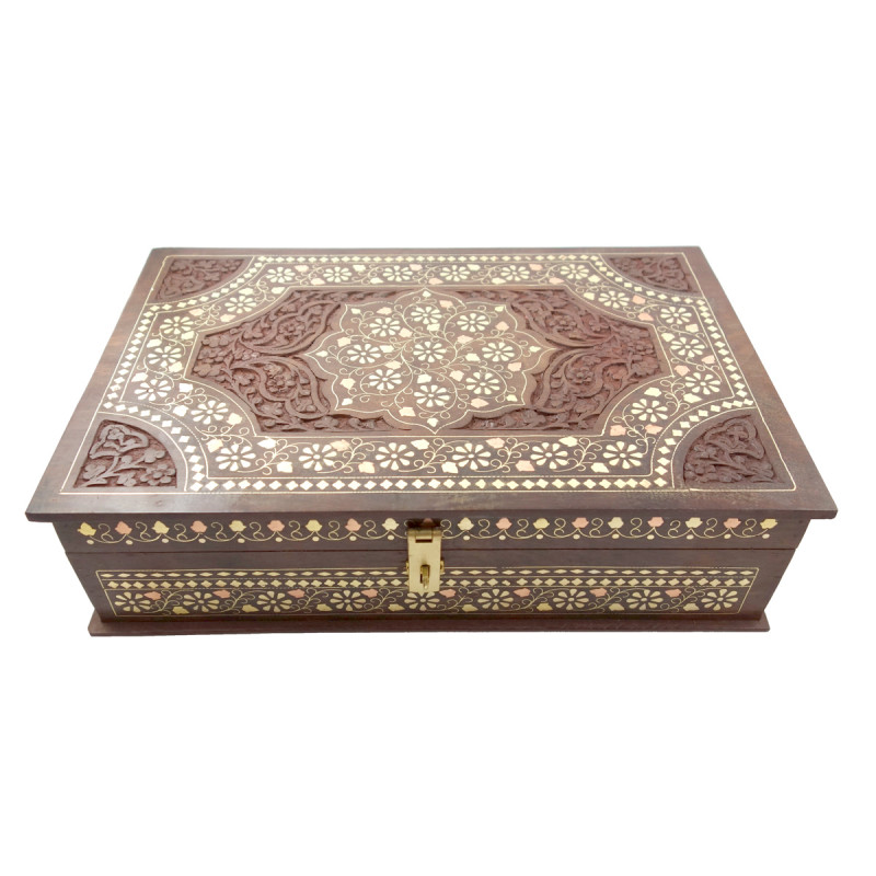 Sheesham Wood Handcrafted Carved Brass- Copper Inlay Box