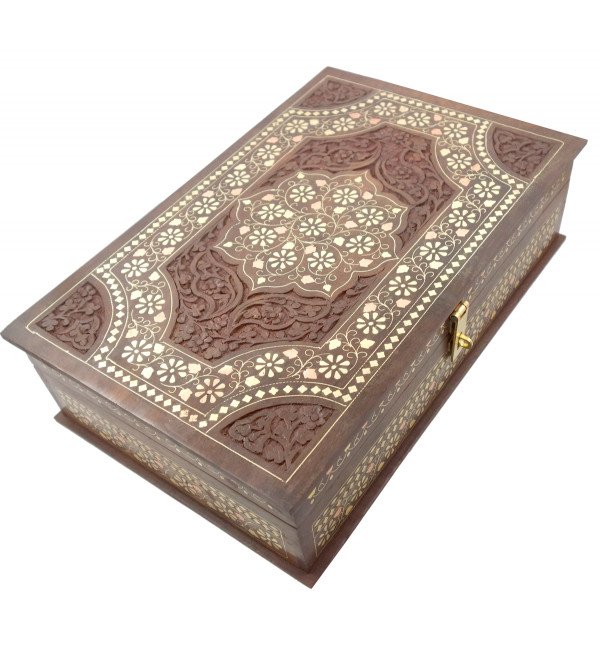 Sheesham Wood Handcrafted Carved Brass- Copper Inlay Box