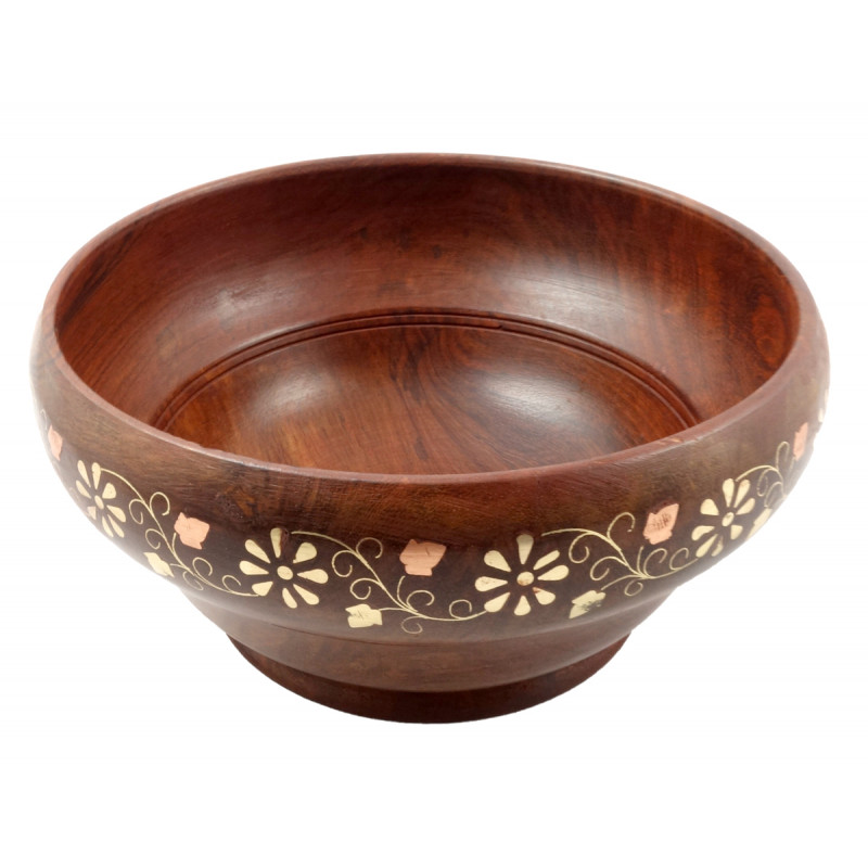 Sheesham Wood Handcrafted Carved Brass- Copper Inlay Bowl