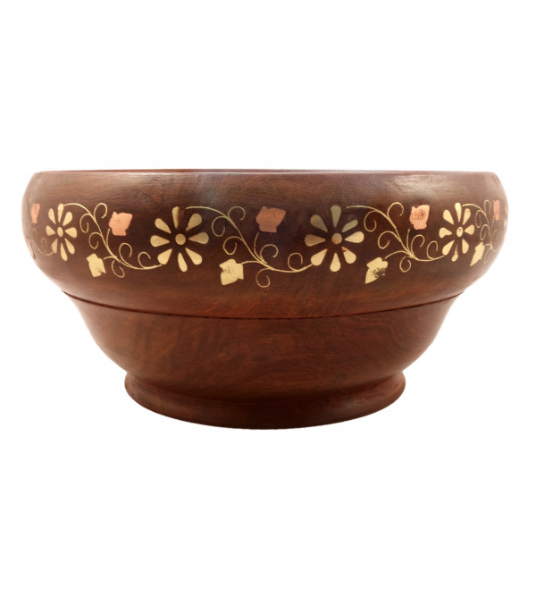 Sheesham Wood Handcrafted Brass Copper Inlay Bowl 4077