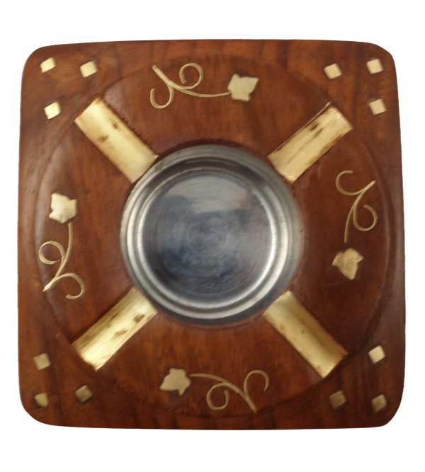 Sheesham Wood Handcrafted Brass- Copper Inlay Ash Tray