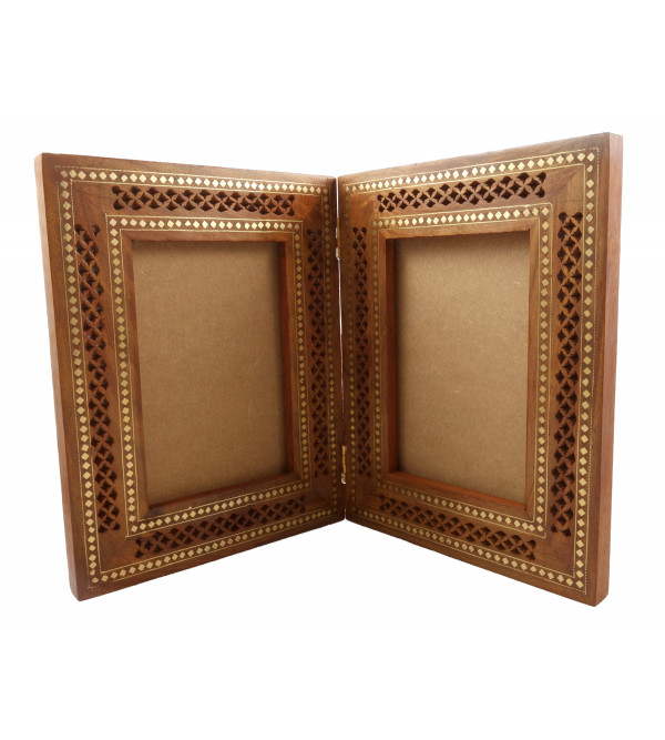 Sheesham Wood Handcrafted Double Photo Frame with Brass- Copper Inlay