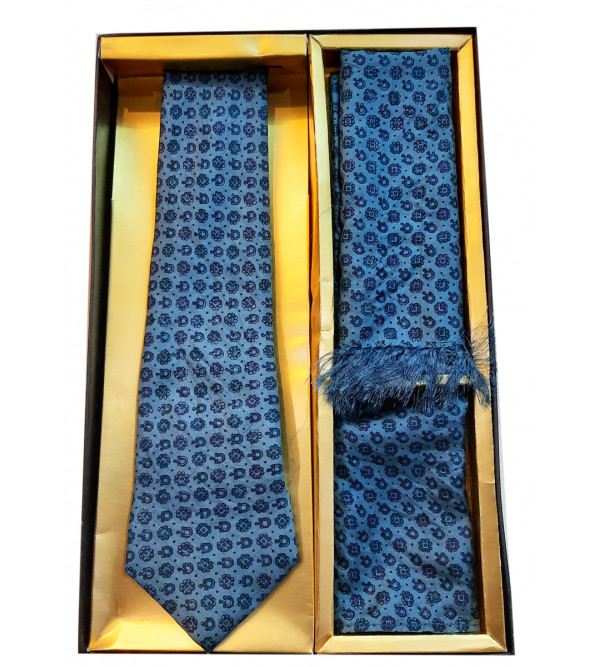 Tie muffler hanky printed silk 3pc set 