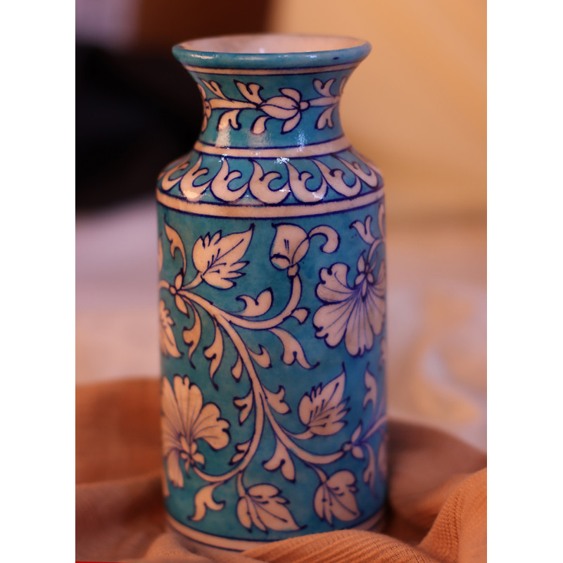 Blue Pottery Cylindrical Vase 6 Inch 