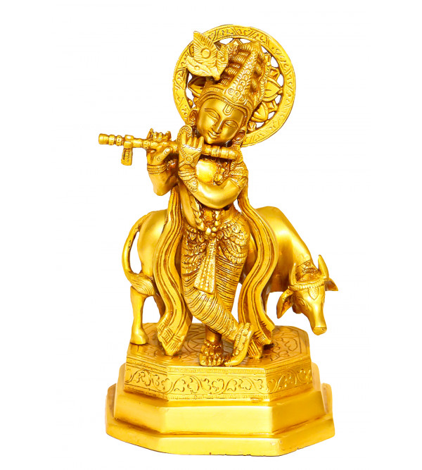 Brass Krishna with Cow 10 Inch  Wt-2.8kg