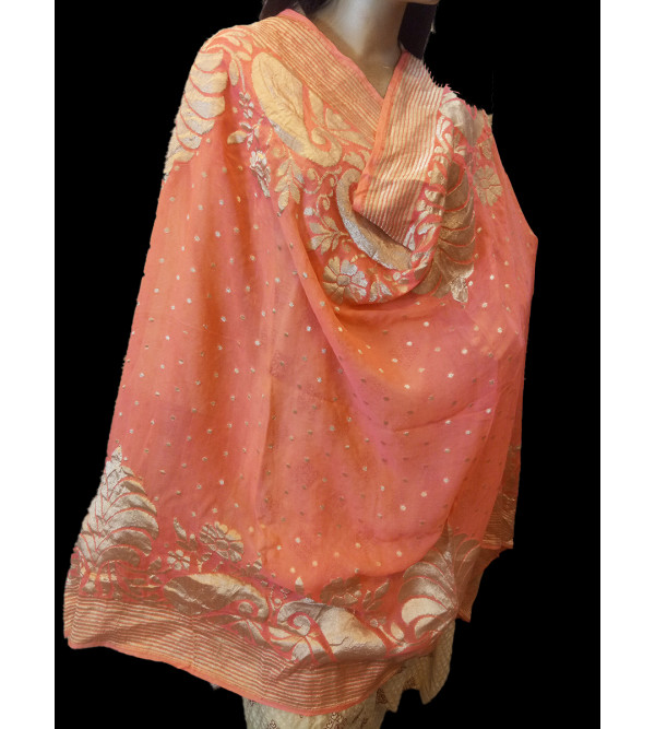 Zari Katan Silk Handwoven Dupatta From Banaras