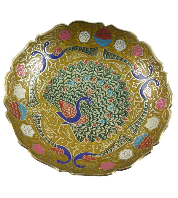 HANDICRAFT BRASS 7.4 INCH BOWL BIG PEACOCK ENAMELED