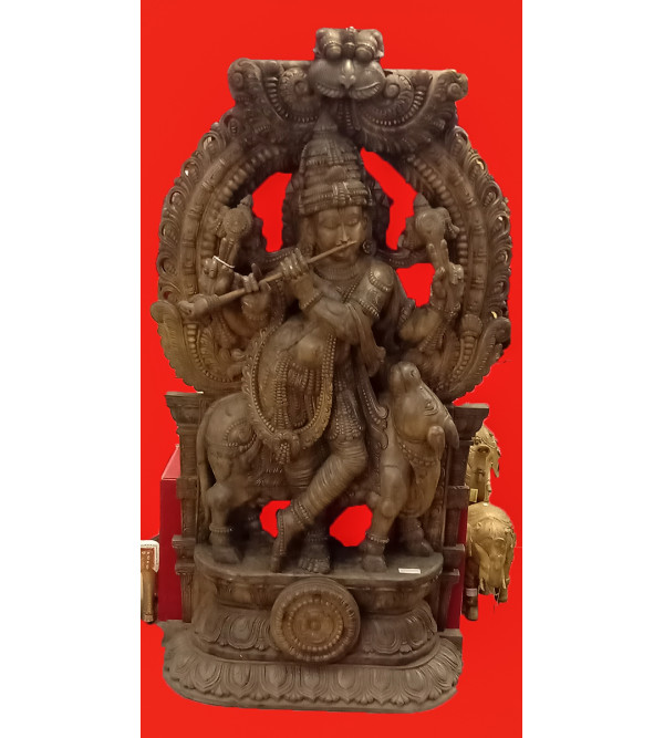 Cow Krishna Handcrafted In Vaghai Wood Size 72X42X12 Inches