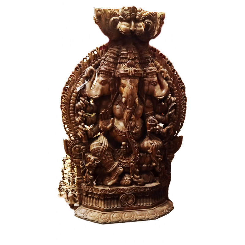 Three Face Lord Ganesha Handcrafted In Vaghai Wood Size 80X48X12 Inches