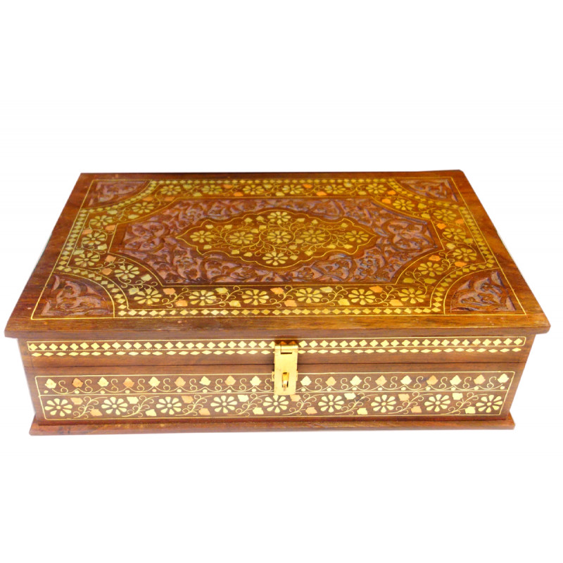Sheesham Wood Handcrafted Box with Brass-Copper Inlay