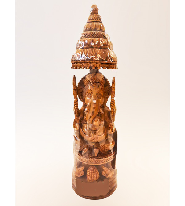 Sandalwood Handcrafted Carved Lord Ganesha Figure with Open Chhatra