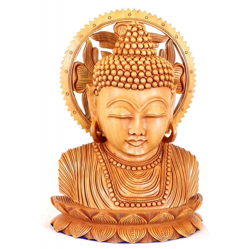 Buddha Bust Carving Kadamb Wood 10 Inch  