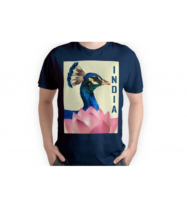 Cotton Tshirt Navy Blue  Print Peacock XXL