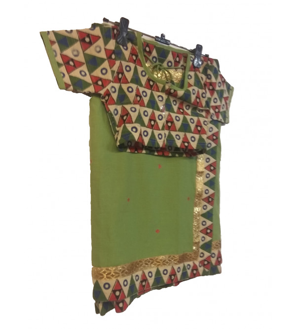 Cotton Plain Stitched Saree With Printed Blouse Size 2 to 4 Year