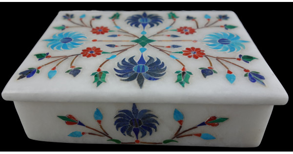 Alabaster Box With Semi Precious Stone Inlay Size 4x3 Inch